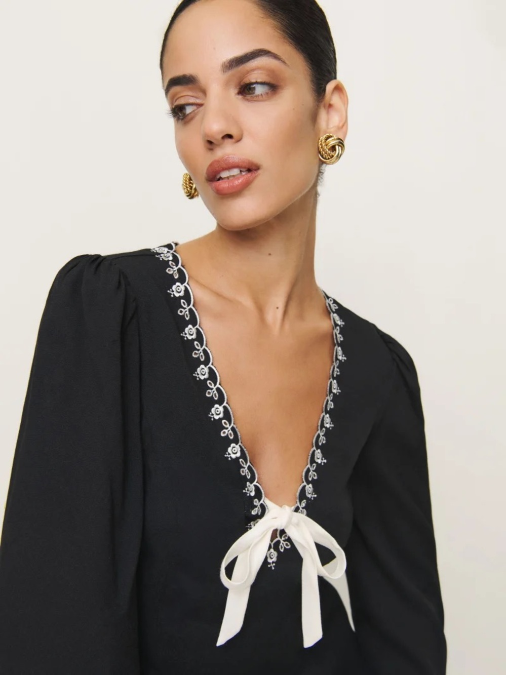 Reformation Viva Black Top with White Floral Scallop Trim